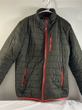 Men's Spire Olive Quilted Puffer Jacket with Red Trim